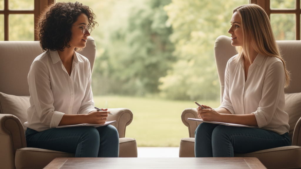 Obraz pokazujący dwie kobiety siedzące naprzeciwko siebie w fotelach, w jasnym, przytulnym pomieszczeniu, przypominającym gabinet terapeutyczny