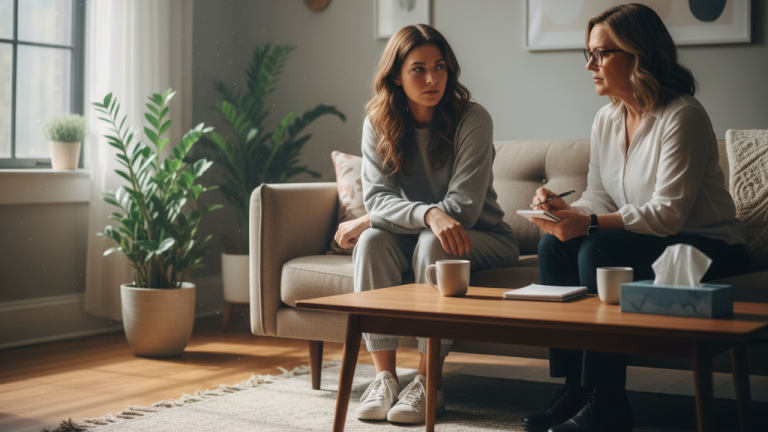 Obraz pokazujący dwie kobiety siedzące na beżowej sofie w jasnym, przytulnym pokoju