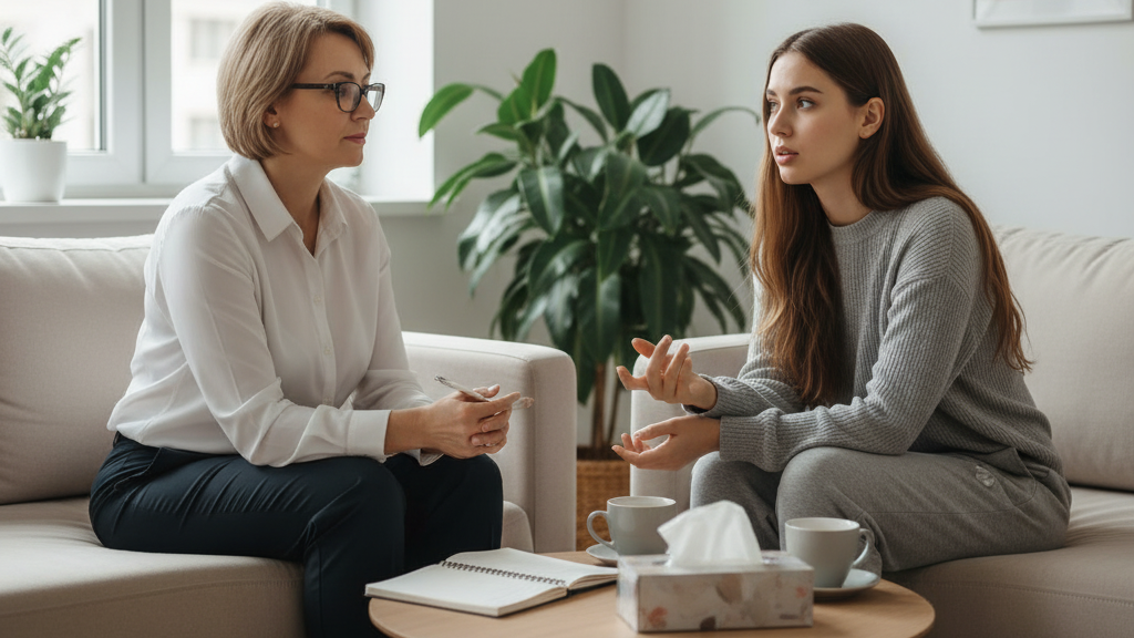 Obraz pokazujący dwie kobiety siedzące naprzeciwko siebie na jasnych, beżowych sofach w nowocześnie urządzonym pokoju