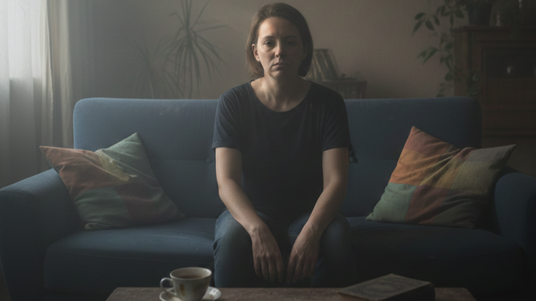 Obraz pokazujący kobietę siedzącą na środku prostej, niebieskiej kanapy w słabo oświetlonym, domowym wnętrzu