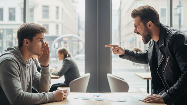 Obraz pokazujący osobę krzyczącą i osobę spokojną