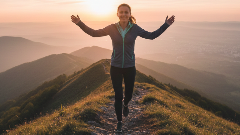 Obraz pokazujący kobietę, która biegnie ścieżką na szczycie góry, otoczona malowniczym górskim krajobrazem o zachodzie słońca