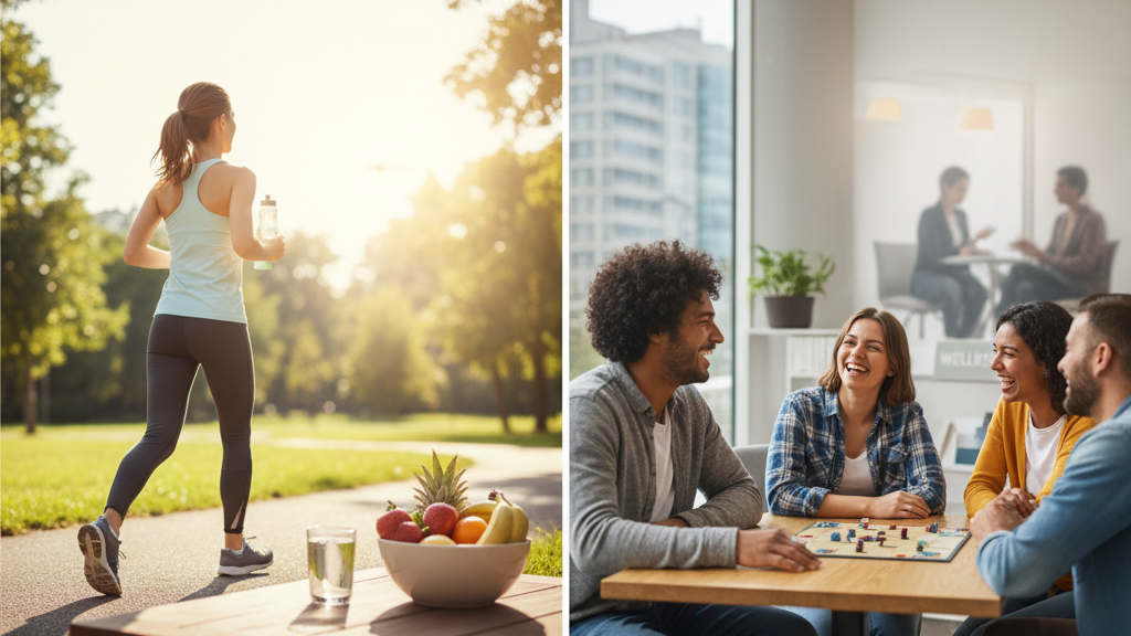 Obraz przedstawia kolaż czterech zdjęć, które ilustrują różne aspekty zdrowego stylu życia i aktywności społecznej