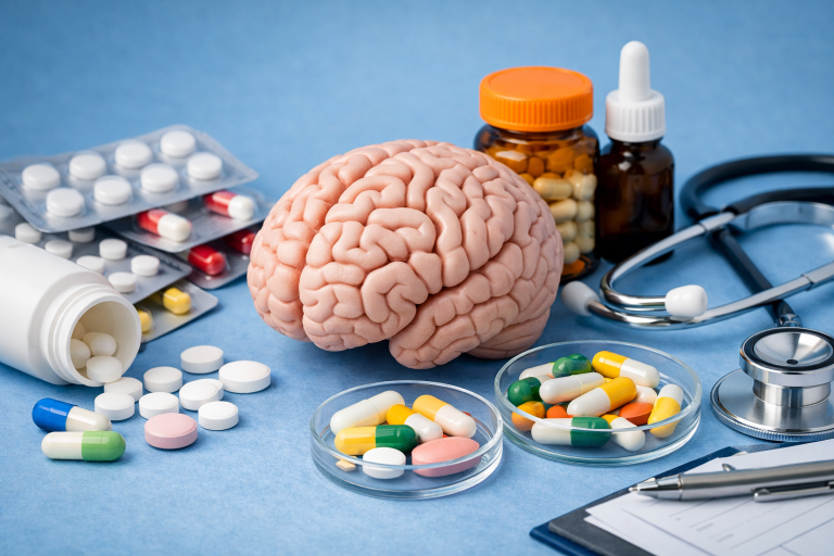Na obrazie przedstawiono realistyczną scenę związaną z leczeniem farmakologicznym i funkcjonowaniem mózgu.