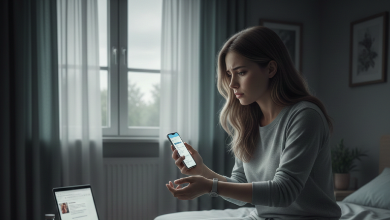 Obraz przedstawia realistyczną, sugestywną scenę w sypialni, która oddaje codzienny trud osoby zmagającej się z hipochondrią