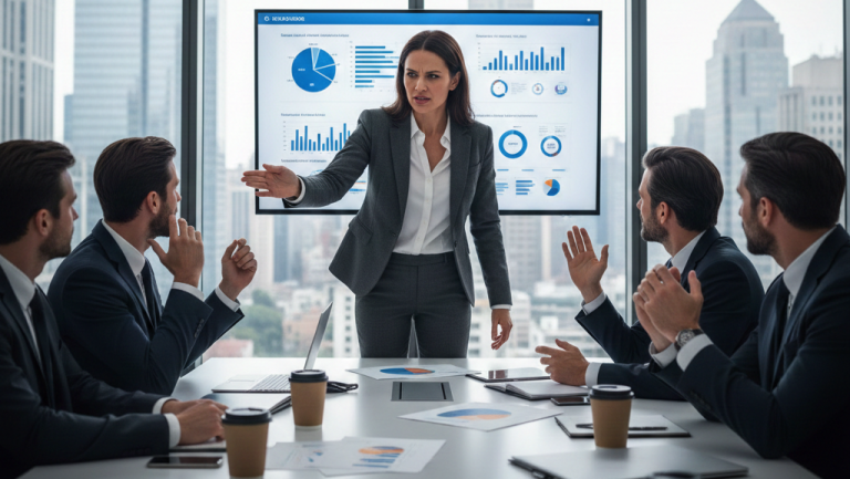 Obraz przedstawia nowoczesną salę konferencyjną z przeszklonymi ścianami, przez które widać panoramę metropolii