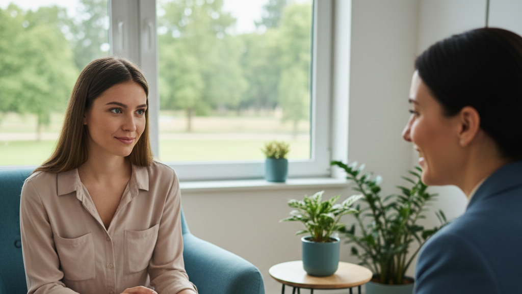 Grafika przedstawia nowoczesny, jasny gabinet terapeutyczny utrzymany w spokojnej, profesjonalnej estetyce