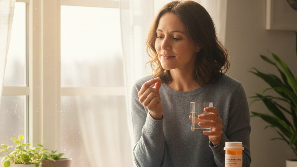 Obraz przedstawia kobietę w średnim wieku, siedzącą w jasnym, przytulnym wnętrzu