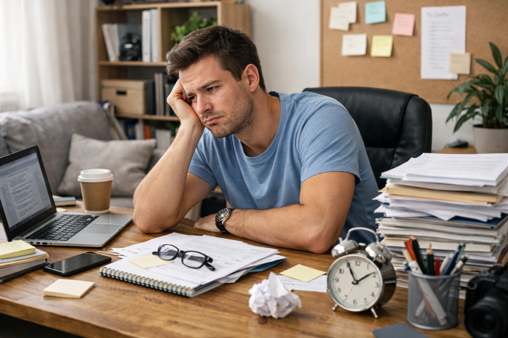 Na obrazie widoczny jest młody mężczyzna siedzący przy biurku w domowym miejscu pracy