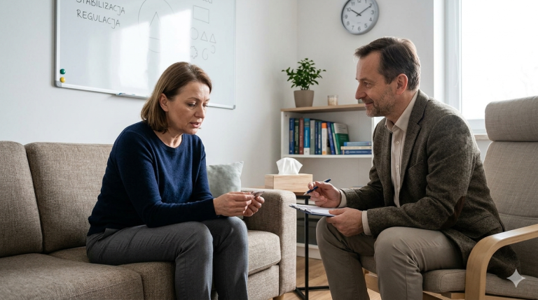 Obraz przedstawia realistyczną scenę sesji terapeutycznej, odbywającej się w jasnym, nowocześnie i spokojnie urządzonym gabinecie