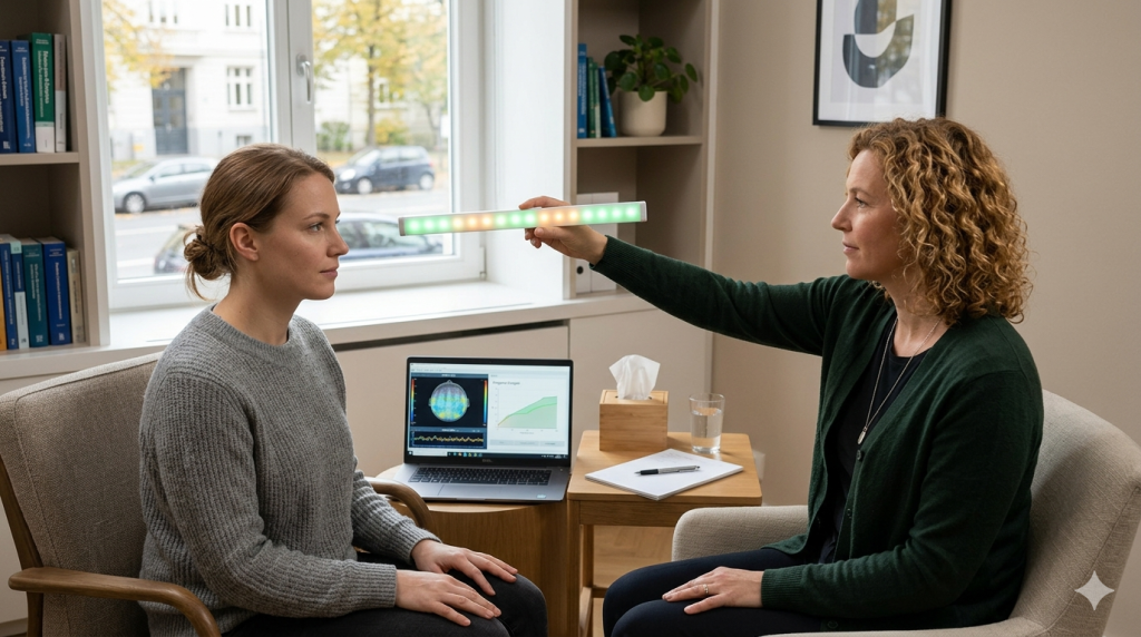 Obraz przedstawia wnętrze nowoczesnego, jasnego gabinetu psychoterapeutycznego