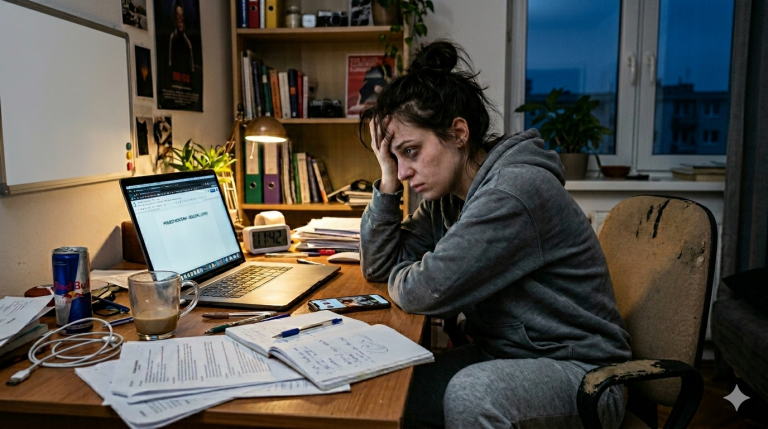 Obraz przedstawia realistyczną, przejmującą scenę wewnątrz zagraconego pokoju