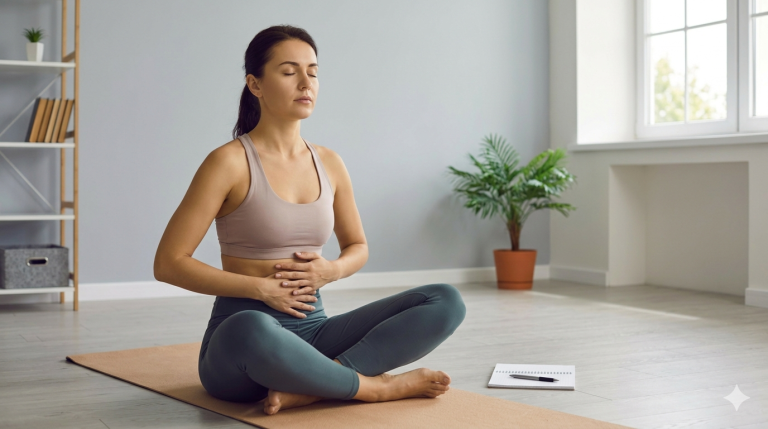 Obraz przedstawia kobietę w trakcie ćwiczenia technik regulacji emocji i uważności