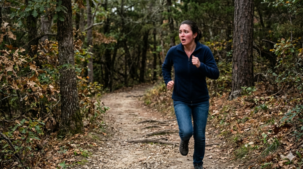 Obraz przedstawia dynamiczną, realistyczną scenę osadzoną w gęstym, jesiennym lesie