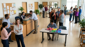 Na obrazie widać realistyczną scenę w jasnym, nowoczesnym budynku