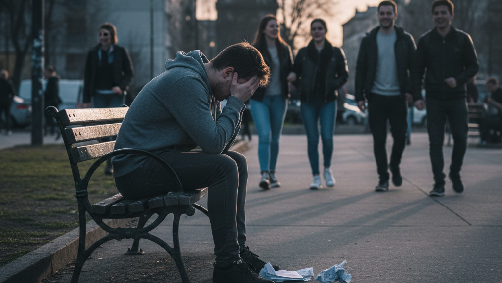 Obraz przedstawia przejmującą, realistyczną scenę osadzoną w przestrzeni miejskiej podczas zmierzchu lub pochmurnego dnia
